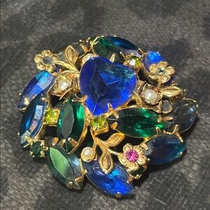 Vintage multicolored gemstone brooch gold tone maximalist floral brooch